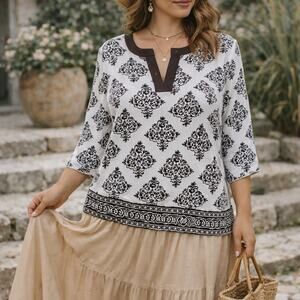 Brown & White Boho Pullover Long Sleeve Tunic Cottage Women's Size L | Prophecy